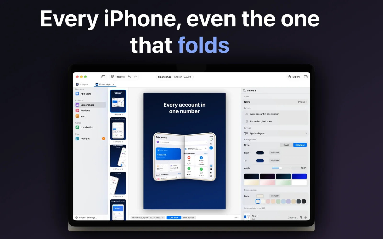 Marquee with a screenshot laid out on iPhone Duo, half open, at the inner display size 2007 × 2853